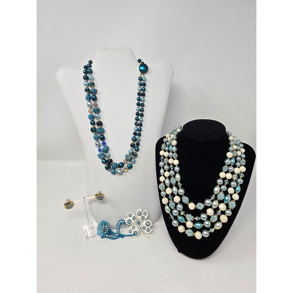 VINTAGE FASHION JEWELRY BUNDLE TEAL WHITE NECKLACE BROOCH EARRINGS JAPAN WOMEN